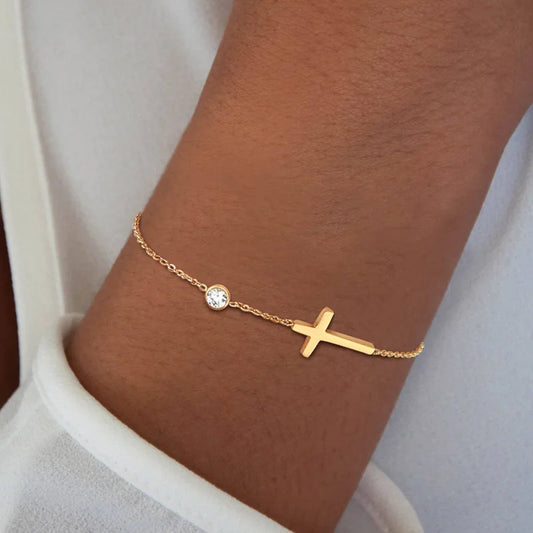 Delicate Cross & Birthstone Bracelet – Personalized Faith Elegance