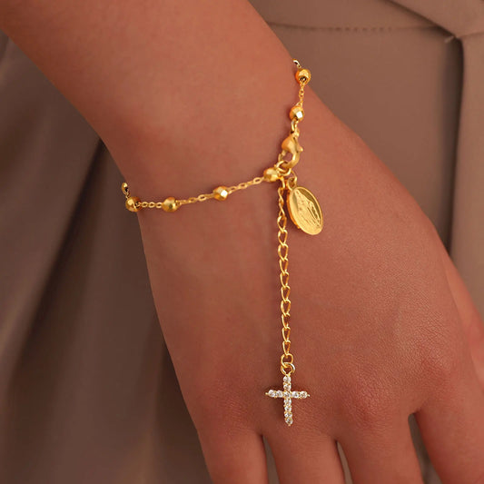 Rosary-Inspired Beaded Chain Bracelet – Spiritual Charm Elegance